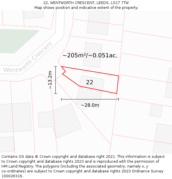 22, WENTWORTH CRESCENT, LEEDS, LS17 7TW: Plot and title map