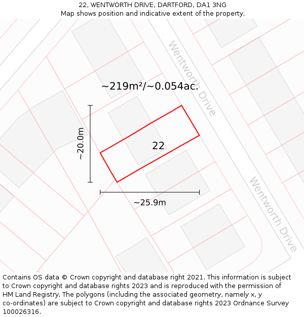 22, WENTWORTH DRIVE, DARTFORD, DA1 3NG: Plot and title map