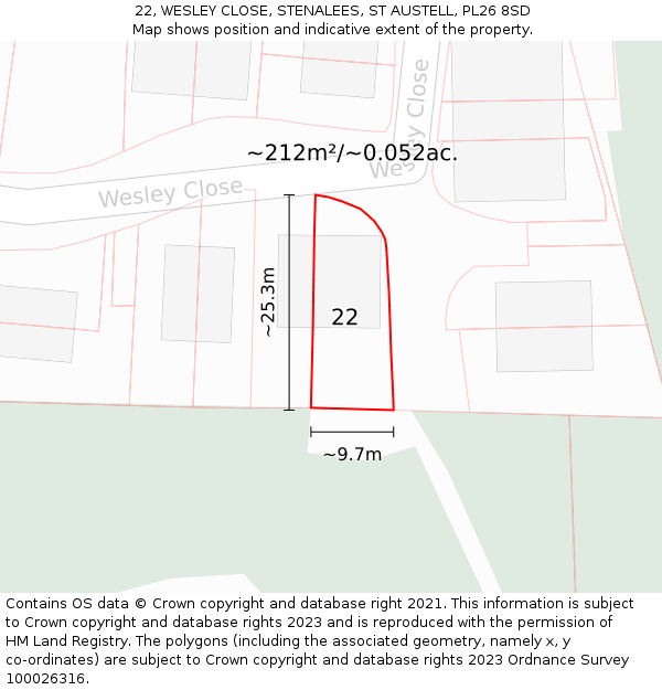 22, WESLEY CLOSE, STENALEES, ST AUSTELL, PL26 8SD: Plot and title map