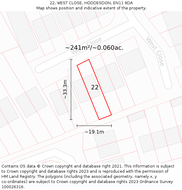 22, WEST CLOSE, HODDESDON, EN11 9DA: Plot and title map
