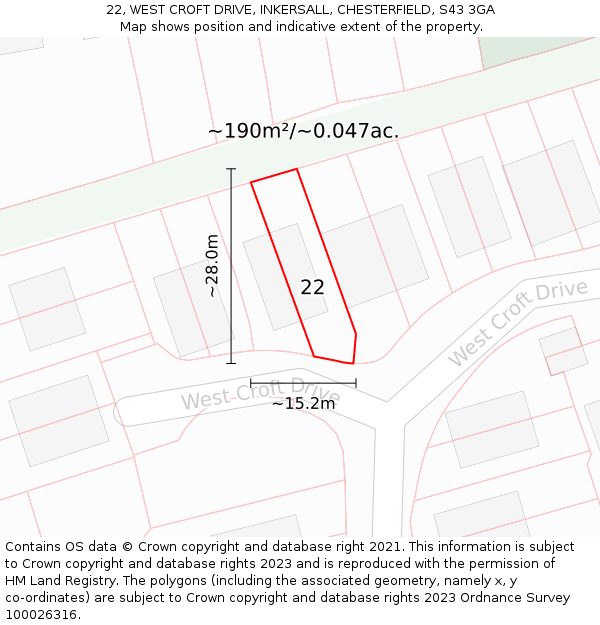 22, WEST CROFT DRIVE, INKERSALL, CHESTERFIELD, S43 3GA: Plot and title map