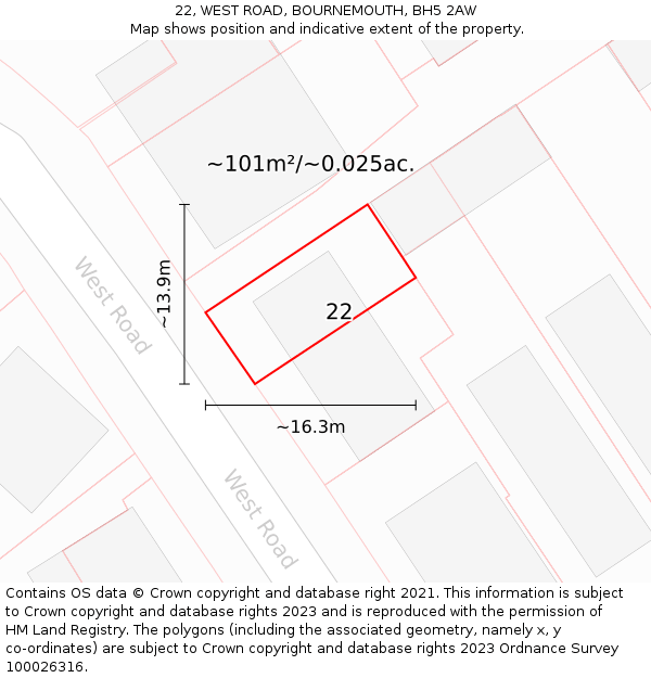 22, WEST ROAD, BOURNEMOUTH, BH5 2AW: Plot and title map