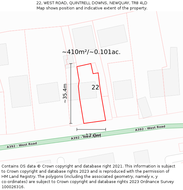 22, WEST ROAD, QUINTRELL DOWNS, NEWQUAY, TR8 4LD: Plot and title map