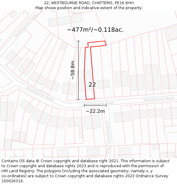 22, WESTBOURNE ROAD, CHATTERIS, PE16 6HH: Plot and title map