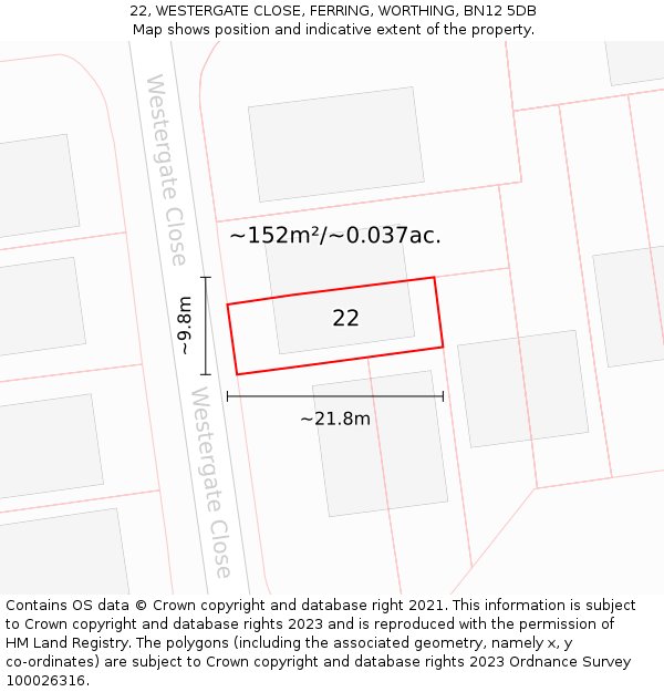 22, WESTERGATE CLOSE, FERRING, WORTHING, BN12 5DB: Plot and title map