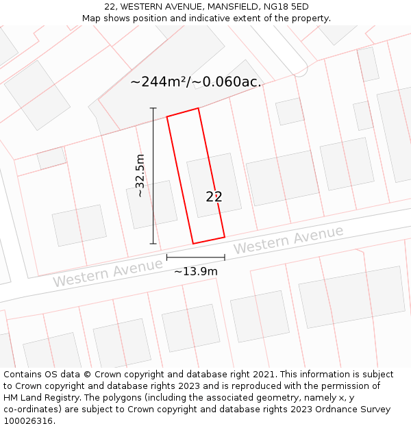 22, WESTERN AVENUE, MANSFIELD, NG18 5ED: Plot and title map