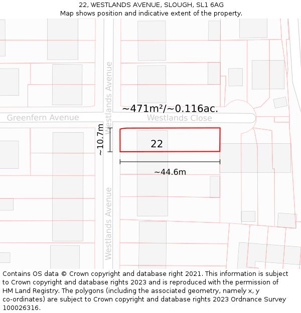 22, WESTLANDS AVENUE, SLOUGH, SL1 6AG: Plot and title map