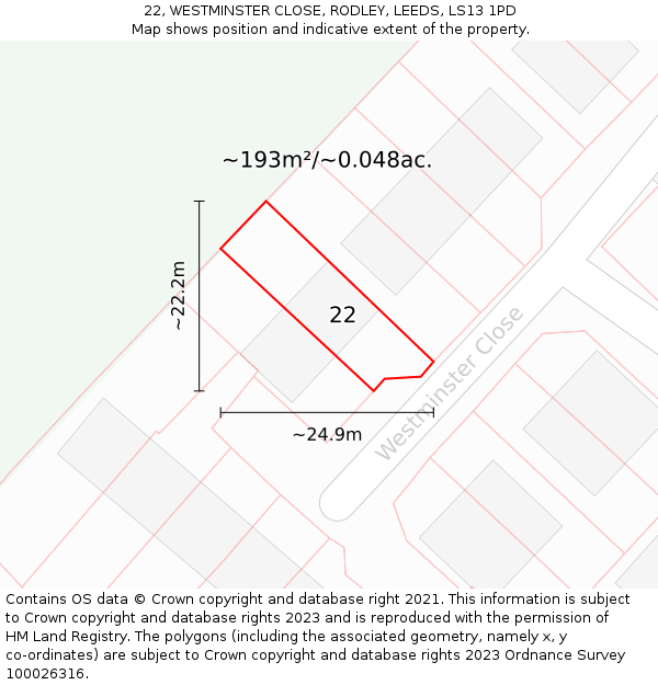 22, WESTMINSTER CLOSE, RODLEY, LEEDS, LS13 1PD: Plot and title map
