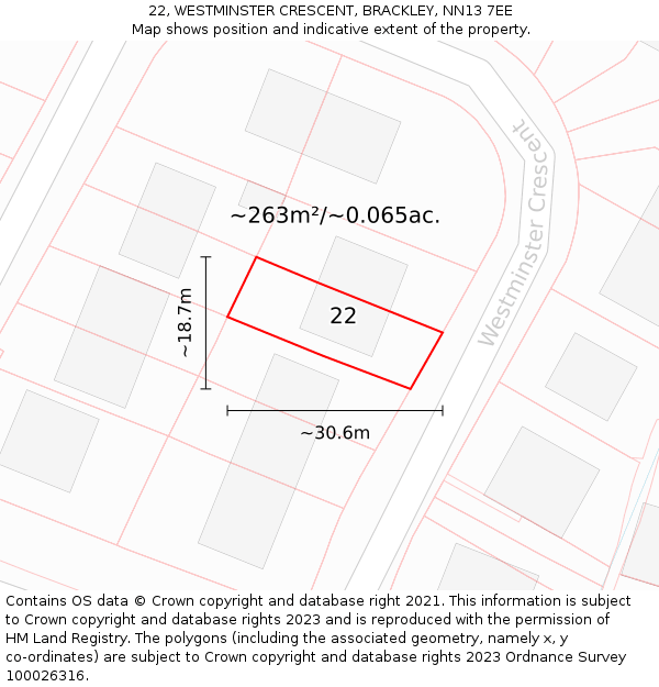 22, WESTMINSTER CRESCENT, BRACKLEY, NN13 7EE: Plot and title map