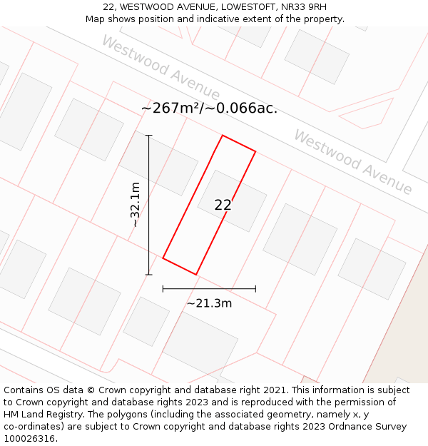 22, WESTWOOD AVENUE, LOWESTOFT, NR33 9RH: Plot and title map