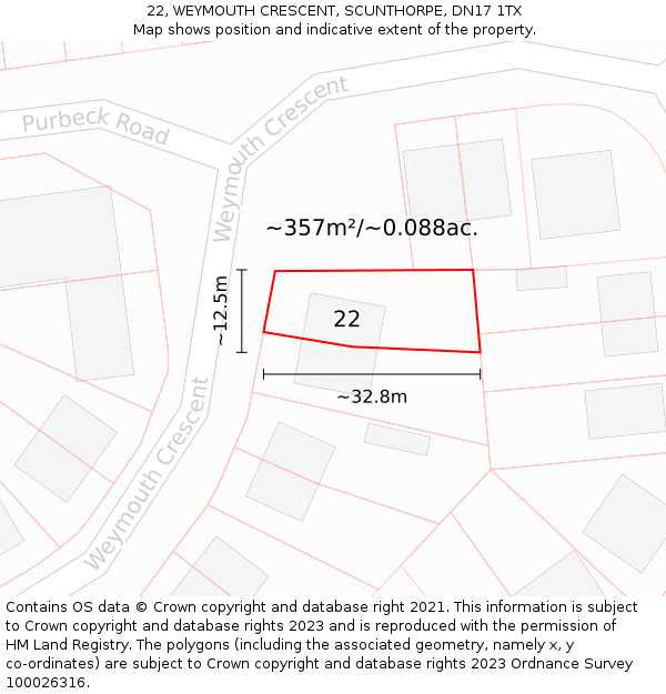22, WEYMOUTH CRESCENT, SCUNTHORPE, DN17 1TX: Plot and title map