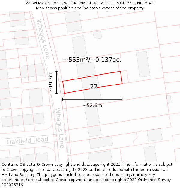 22, WHAGGS LANE, WHICKHAM, NEWCASTLE UPON TYNE, NE16 4PF: Plot and title map