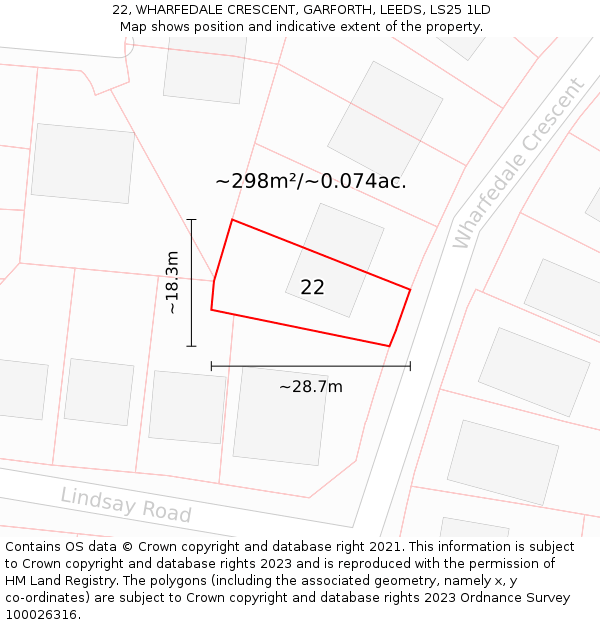 22, WHARFEDALE CRESCENT, GARFORTH, LEEDS, LS25 1LD: Plot and title map