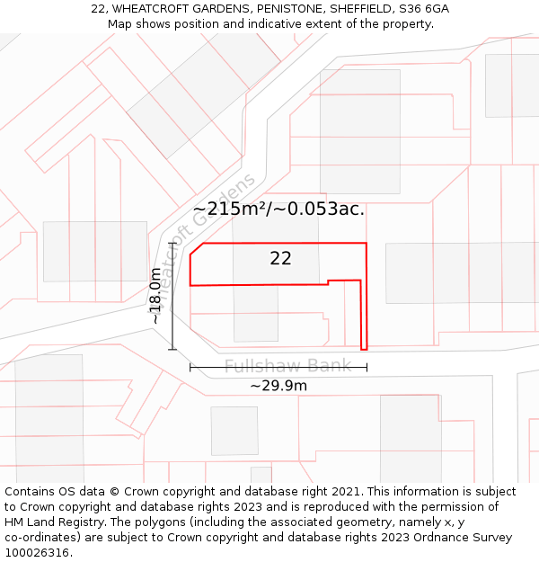 22, WHEATCROFT GARDENS, PENISTONE, SHEFFIELD, S36 6GA: Plot and title map