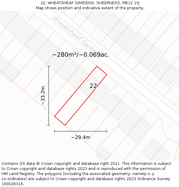 22, WHEATSHEAF GARDENS, SHEERNESS, ME12 1YJ: Plot and title map