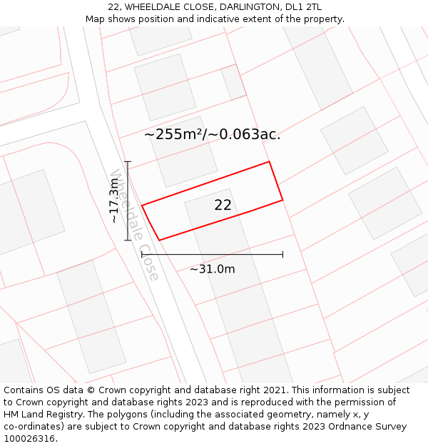 22, WHEELDALE CLOSE, DARLINGTON, DL1 2TL: Plot and title map
