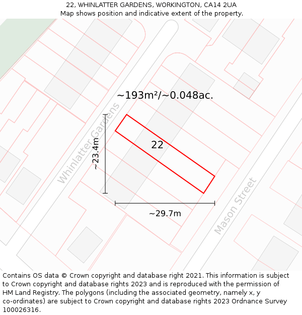 22, WHINLATTER GARDENS, WORKINGTON, CA14 2UA: Plot and title map