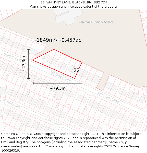 22, WHINNEY LANE, BLACKBURN, BB2 7DF: Plot and title map