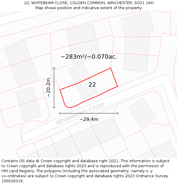 22, WHITEBEAM CLOSE, COLDEN COMMON, WINCHESTER, SO21 1AH: Plot and title map