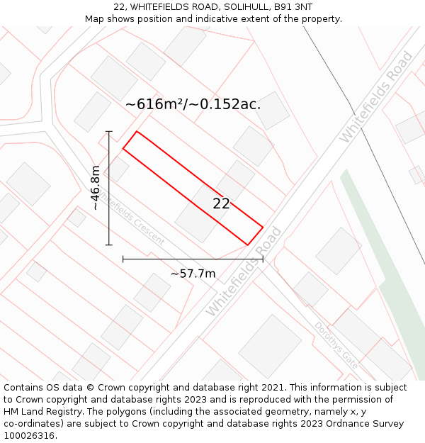 22, WHITEFIELDS ROAD, SOLIHULL, B91 3NT: Plot and title map