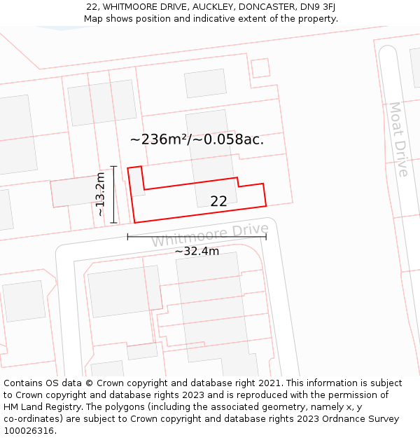 22, WHITMOORE DRIVE, AUCKLEY, DONCASTER, DN9 3FJ: Plot and title map