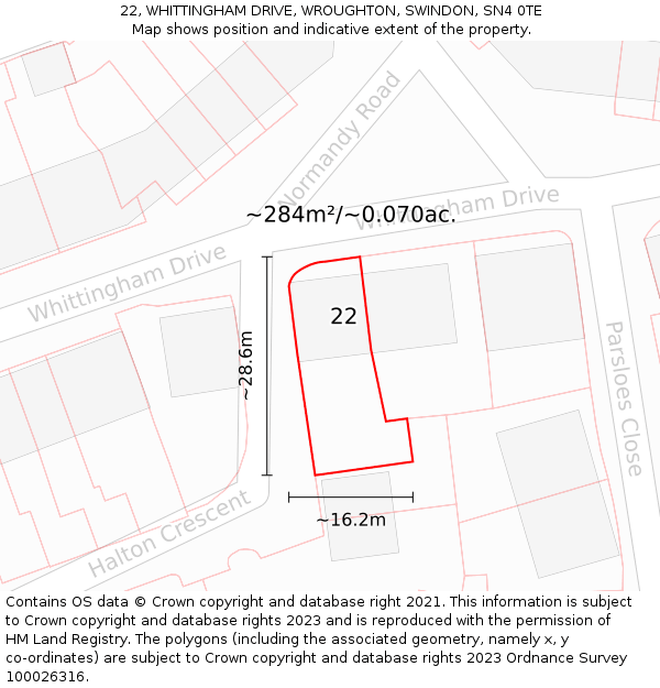 22, WHITTINGHAM DRIVE, WROUGHTON, SWINDON, SN4 0TE: Plot and title map