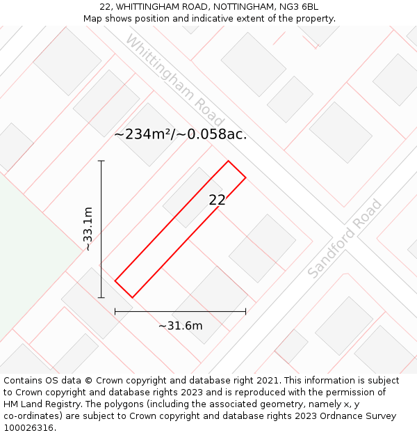 22, WHITTINGHAM ROAD, NOTTINGHAM, NG3 6BL: Plot and title map