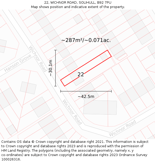 22, WICHNOR ROAD, SOLIHULL, B92 7PU: Plot and title map