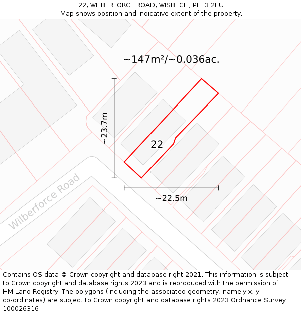 22, WILBERFORCE ROAD, WISBECH, PE13 2EU: Plot and title map