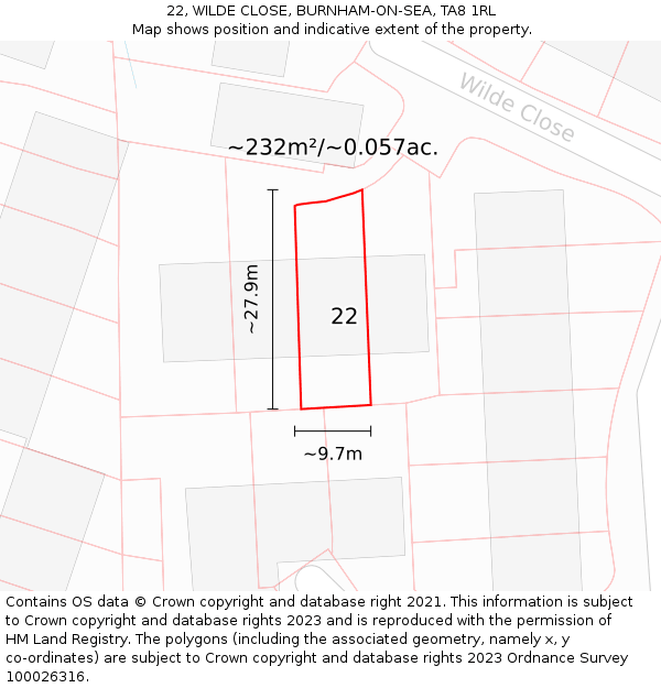 22, WILDE CLOSE, BURNHAM-ON-SEA, TA8 1RL: Plot and title map