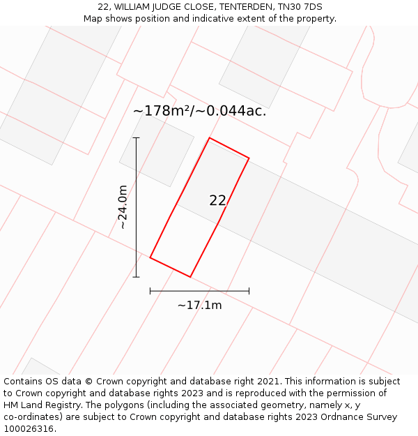 22, WILLIAM JUDGE CLOSE, TENTERDEN, TN30 7DS: Plot and title map