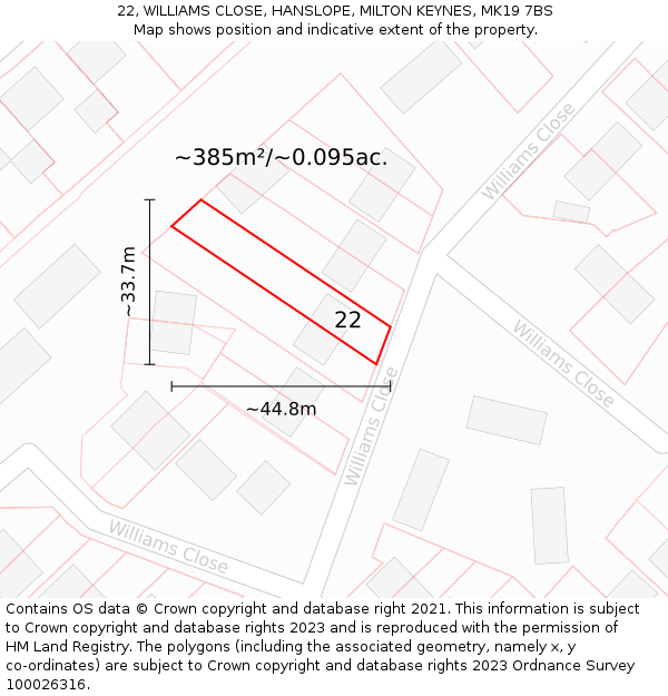 22, WILLIAMS CLOSE, HANSLOPE, MILTON KEYNES, MK19 7BS: Plot and title map