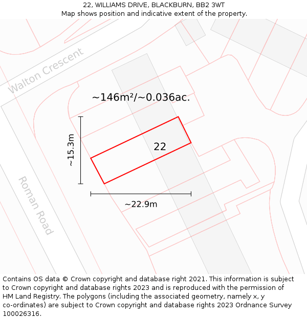 22, WILLIAMS DRIVE, BLACKBURN, BB2 3WT: Plot and title map