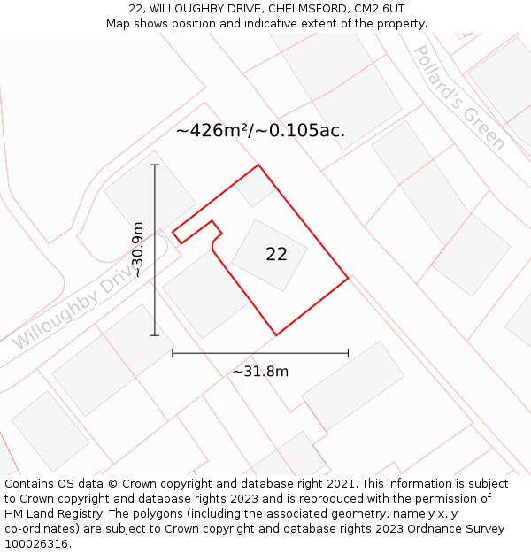22, WILLOUGHBY DRIVE, CHELMSFORD, CM2 6UT: Plot and title map