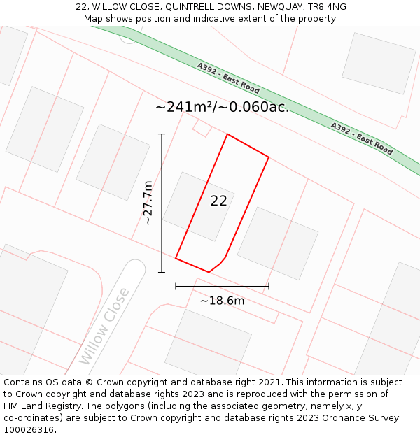 22, WILLOW CLOSE, QUINTRELL DOWNS, NEWQUAY, TR8 4NG: Plot and title map