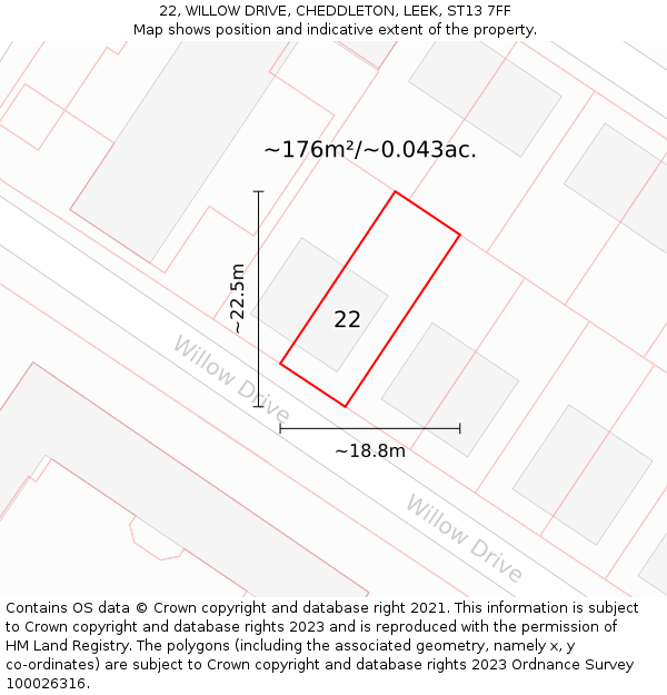 22, WILLOW DRIVE, CHEDDLETON, LEEK, ST13 7FF: Plot and title map