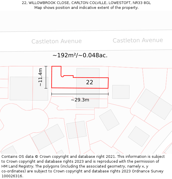 22, WILLOWBROOK CLOSE, CARLTON COLVILLE, LOWESTOFT, NR33 8GL: Plot and title map