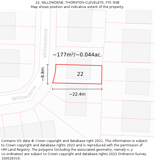 22, WILLOWDENE, THORNTON-CLEVELEYS, FY5 3NB: Plot and title map