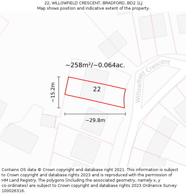 22, WILLOWFIELD CRESCENT, BRADFORD, BD2 1LJ: Plot and title map