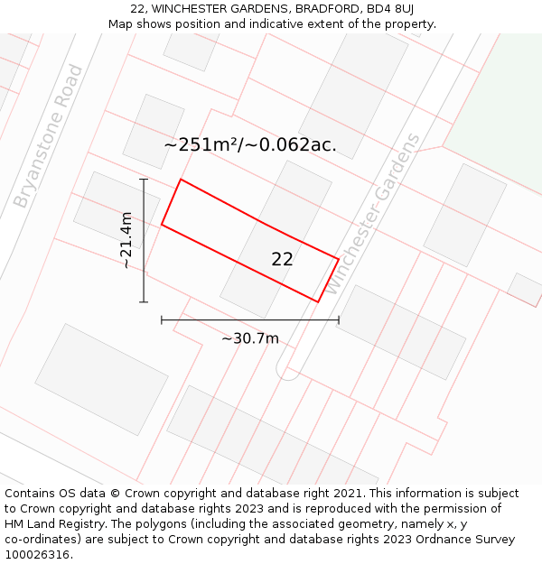 22, WINCHESTER GARDENS, BRADFORD, BD4 8UJ: Plot and title map