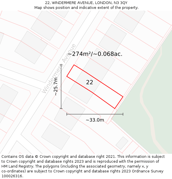 22, WINDERMERE AVENUE, LONDON, N3 3QY: Plot and title map