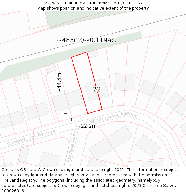 22, WINDERMERE AVENUE, RAMSGATE, CT11 0PA: Plot and title map