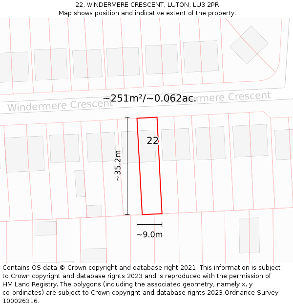 22, WINDERMERE CRESCENT, LUTON, LU3 2PR: Plot and title map