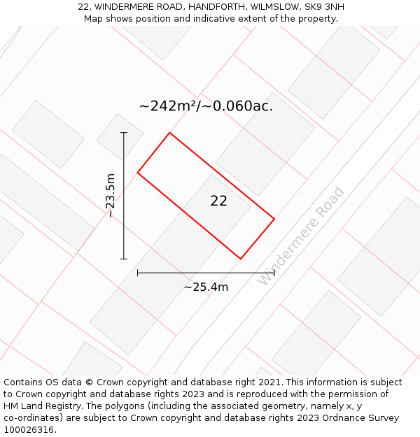 22, WINDERMERE ROAD, HANDFORTH, WILMSLOW, SK9 3NH: Plot and title map