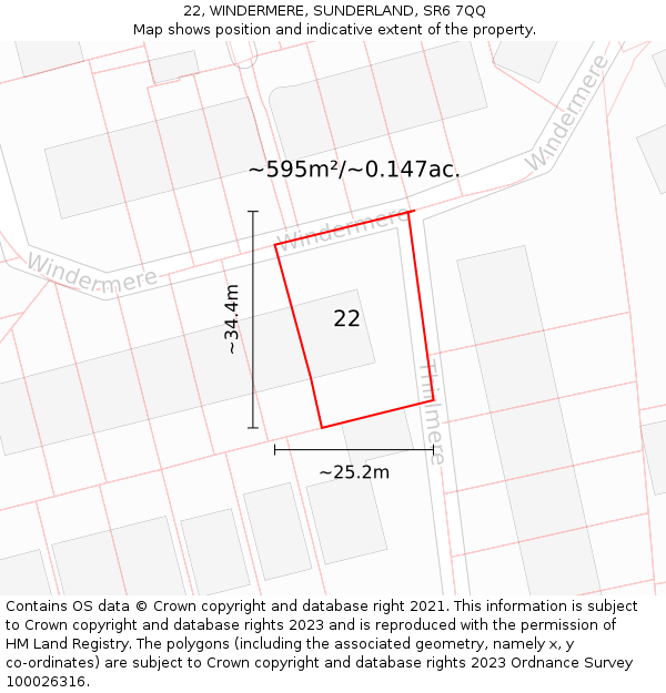 22, WINDERMERE, SUNDERLAND, SR6 7QQ: Plot and title map