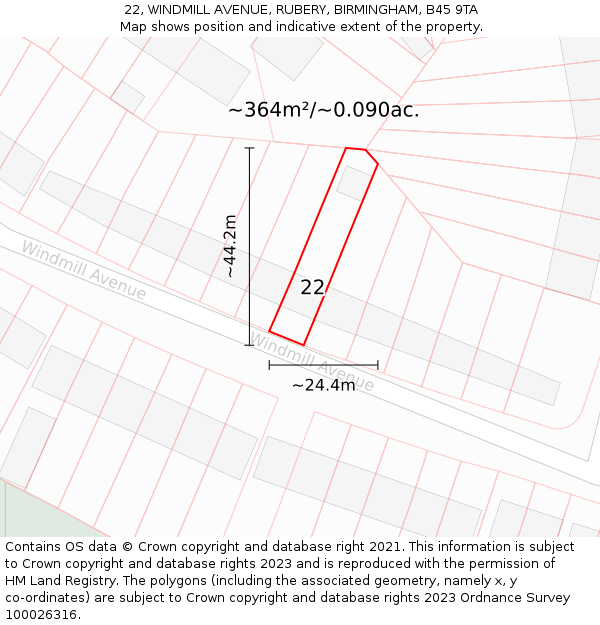 22, WINDMILL AVENUE, RUBERY, BIRMINGHAM, B45 9TA: Plot and title map