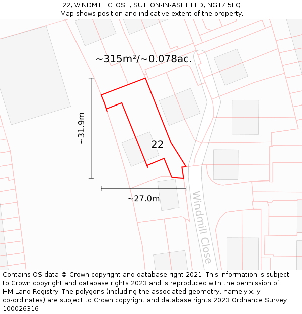 22, WINDMILL CLOSE, SUTTON-IN-ASHFIELD, NG17 5EQ: Plot and title map