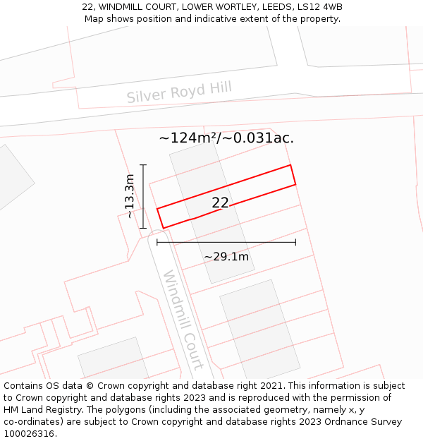 22, WINDMILL COURT, LOWER WORTLEY, LEEDS, LS12 4WB: Plot and title map