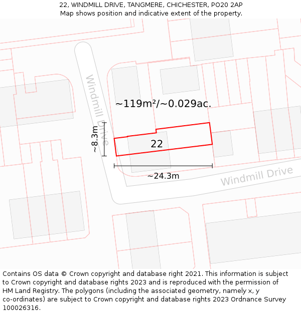 22, WINDMILL DRIVE, TANGMERE, CHICHESTER, PO20 2AP: Plot and title map