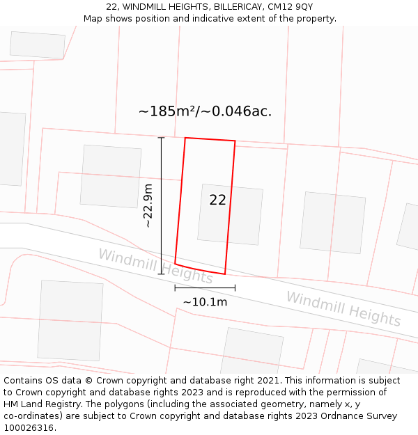 22, WINDMILL HEIGHTS, BILLERICAY, CM12 9QY: Plot and title map